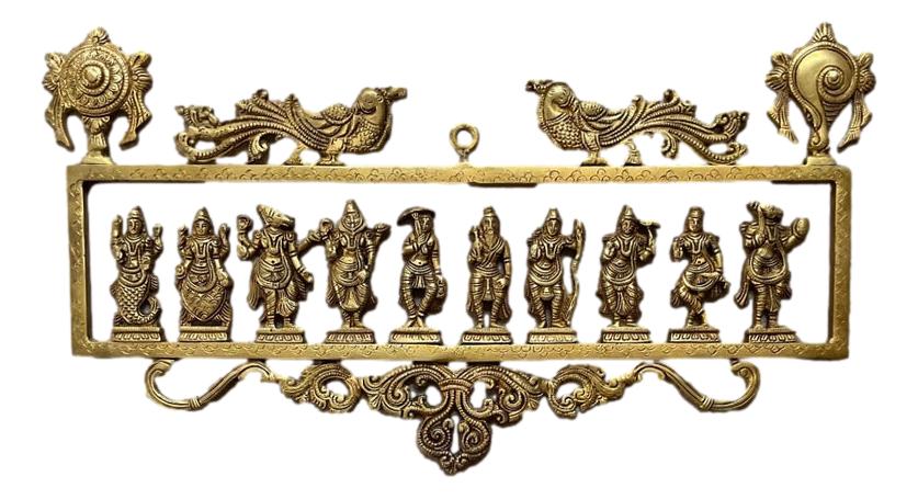Lord Vishnu Dashavatar Brass Divine Wall Hanging - Antique Finish